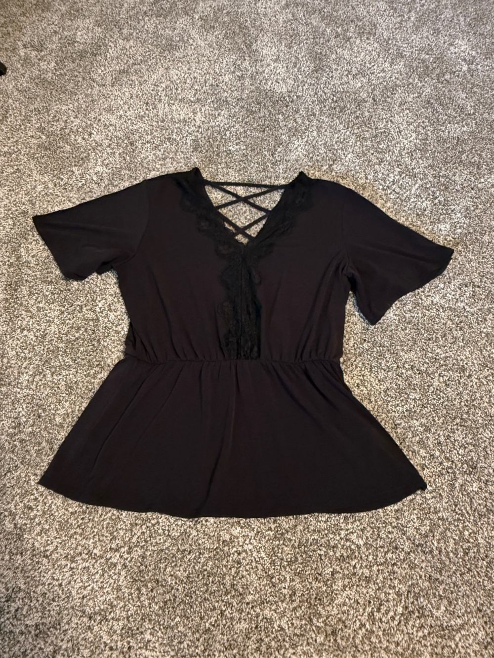 Black Maurices peplum blouse elastic waist floral lace vneck sz medium women top